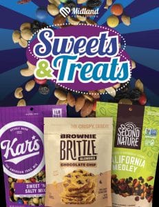 Midland Fundraising Sweets & Treats fundraising cover featuring colorful packaging of trail mix, brownie brittle, and snack medley products against a vibrant background.