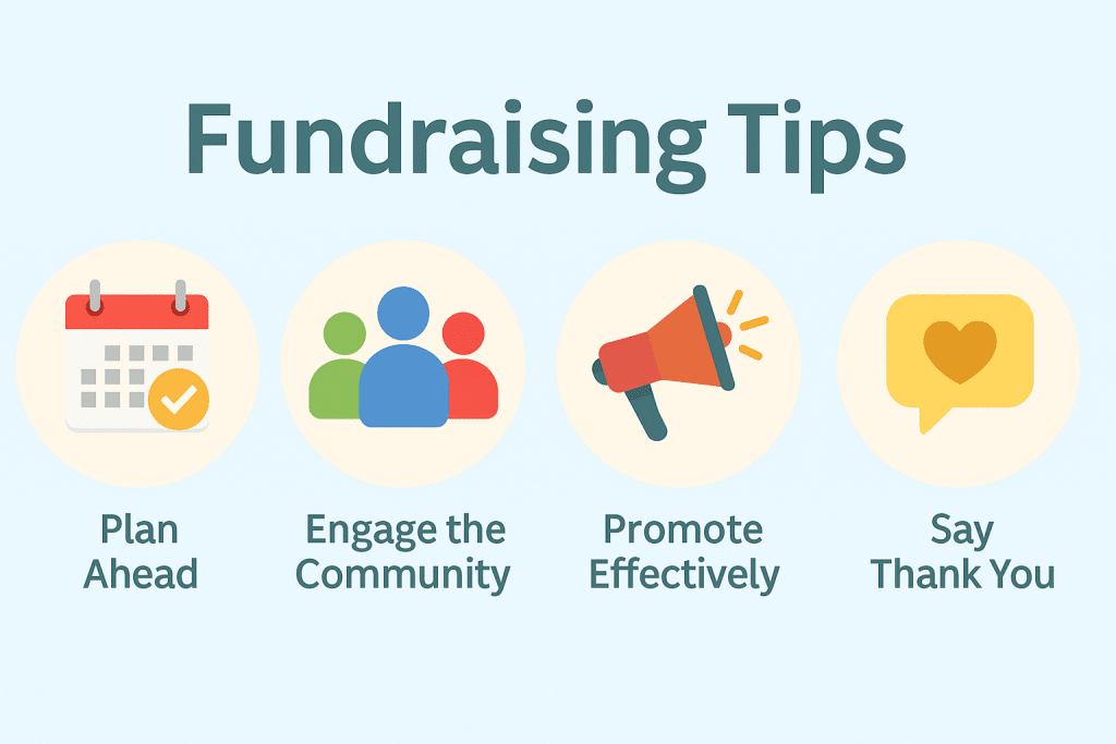 Flat-style infographic titled "Fundraising Tips" featuring four icons and tips: plan ahead with a calendar, engage the community with group figures, promote effectively using a megaphone, and say thank you with a heart inside a speech bubble.