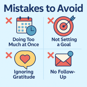 Infographic titled “Mistakes to Avoid” with four illustrated fundraising mistakes: doing too much at once, not setting a goal, ignoring gratitude, and no follow-up—each represented by a simple icon and red X mark.