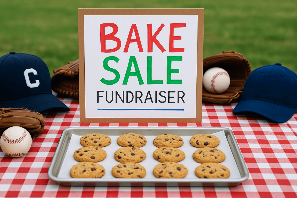 Tray of chocolate chip cookies on a red-and-white checkered tablecloth at a baseball fundraiser bake sale, with gloves, caps, and a handmade "Bake Sale Fundraiser" sign in the background.