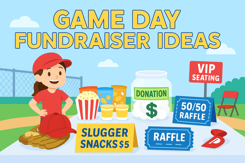 Cartoon-style illustration of a baseball game day fundraising booth featuring a vendor, popcorn, drinks, raffle tickets, a donation jar, and signage for “Slugger Snacks,” “50/50 Raffle,” and “VIP Seating,” set at a ballfield with a fence and folding chairs in the background.