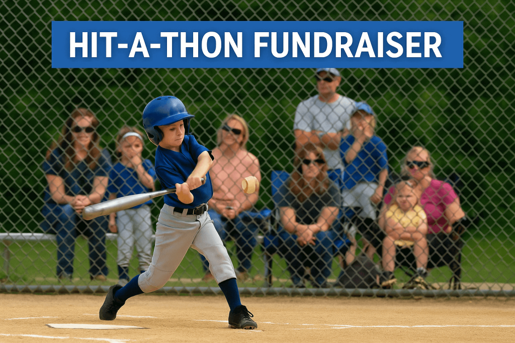 Youth baseball player swinging a bat at home plate during a hit-a-thon fundraiser with supporters in the background.