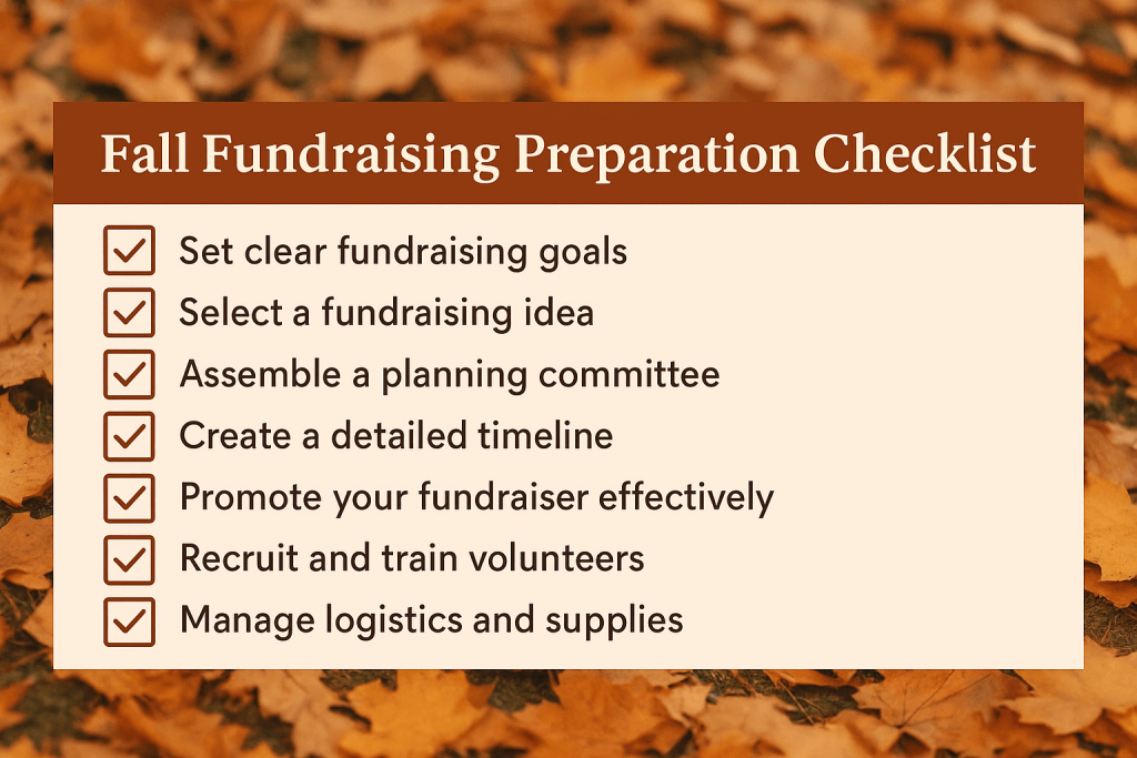 Infographic with a fall leaves background titled 'Fall Fundraising Preparation Checklist' showing seven steps: set goals, choose idea, plan committee, create timeline, promote fundraiser, train volunteers, and manage logistics.