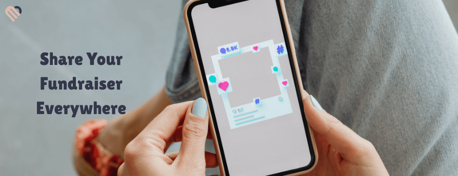 Parent sharing a school fundraiser on social media from smartphone