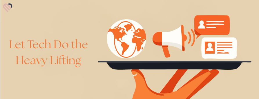 Illustration of a hand holding a tray with digital marketing icons, including a globe, megaphone, and social media profiles, symbolizing how technology simplifies promoting a school fundraiser.