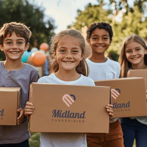 Smiling students holding Midland Fundraising presorted delivery boxes outdoors during a school fundraiser pickup.